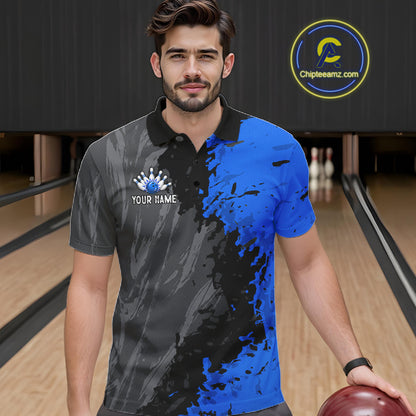 Male bowler wearing Black Grey Blue Grunge US Flag bowling jersey during league and tournament competition