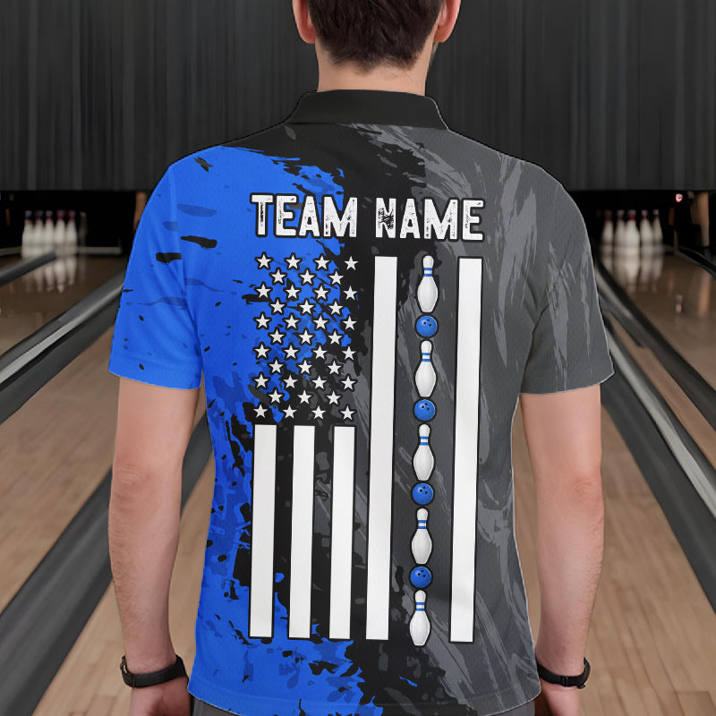 Male bowler wearing Black Grey Blue Grunge US Flag bowling jersey during league and tournament competition