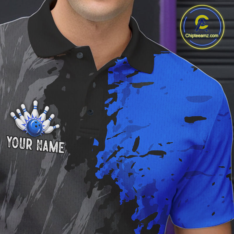 Male bowler wearing Black Grey Blue Grunge US Flag bowling jersey during league and tournament competition