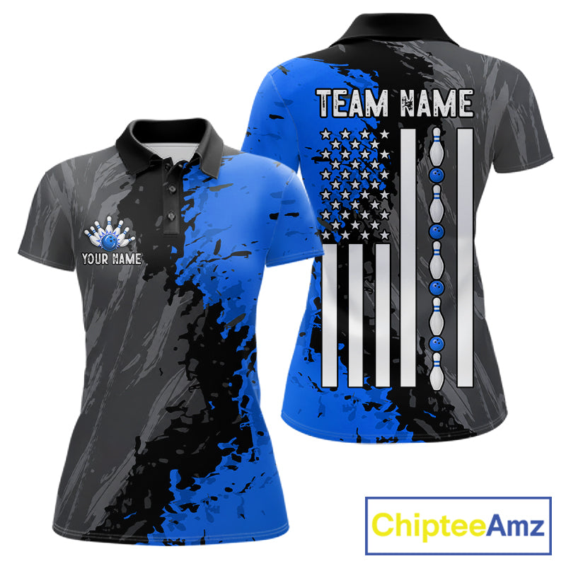 Black Grey Blue Grunge US Flag women's bowling polo shirt patriotic bowling team uniform, personalized bowling jersey