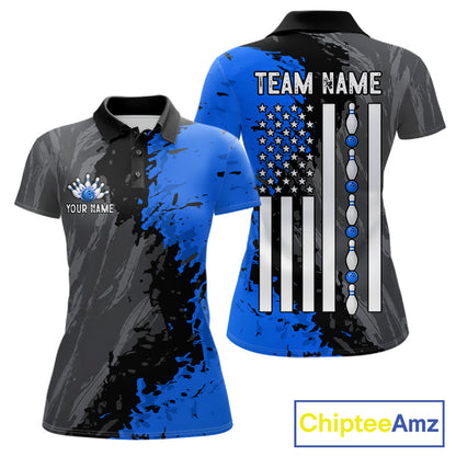 Black Grey Blue Grunge US Flag women's bowling polo shirt patriotic bowling team uniform, personalized bowling jersey