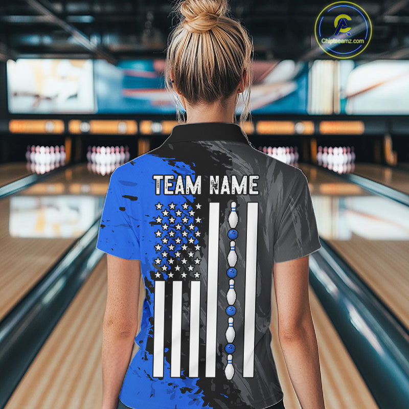 Female bowler wearing Black Grey Blue Grunge US Flag bowling jersey during league and tournament competition