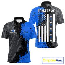 Load image into Gallery viewer, Black Grey Blue Grunge US Flag men's bowling polo shirt patriotic bowling team uniform, personalized bowling jersey