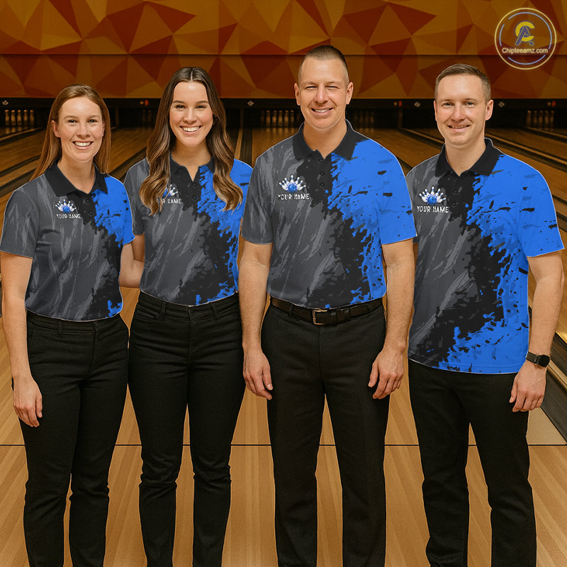 Men women bowling team wearing Black Grey Blue Grunge patriotic bowling uniforms, professional bowling team jerseys