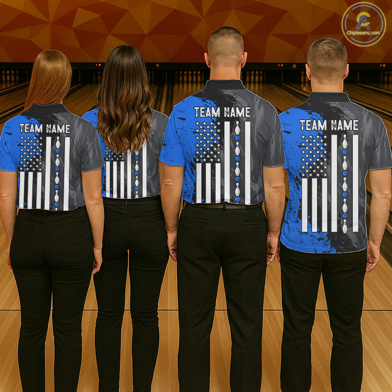 Men women bowling team wearing Black Grey Blue Grunge patriotic bowling uniforms, professional bowling team jerseys
