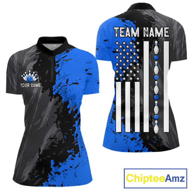 Black Grey Blue Grunge US Flag women's quarter zip bowling shirt custom patriotic bowling apparel