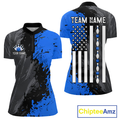 Black Grey Blue Grunge US Flag women's quarter zip bowling shirt custom patriotic bowling apparel