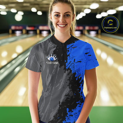 Female bowler wearing Black Grey Blue Grunge US Flag bowling jersey during league and tournament competition
