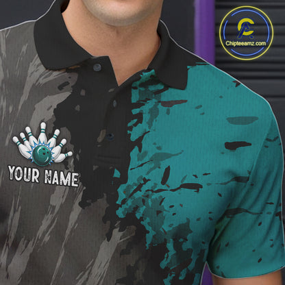 Male bowler wearing Black Grey Teal Grunge US Flag bowling jersey during league and championship bowling competition