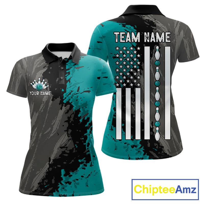 Black Grey Teal Grunge US Flag women's bowling polo shirt patriotic bowling team uniform, personalized bowling jersey