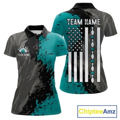 Black Grey Teal Grunge US Flag women's bowling polo shirt patriotic bowling team uniform, personalized bowling jersey