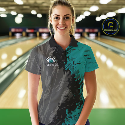 Female bowler wearing Black Grey Teal Grunge US Flag bowling jersey during league and tournament competition