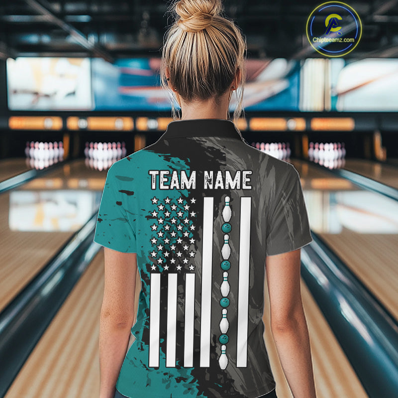 Female bowler wearing Black Grey Teal Grunge US Flag bowling jersey during league and tournament competition