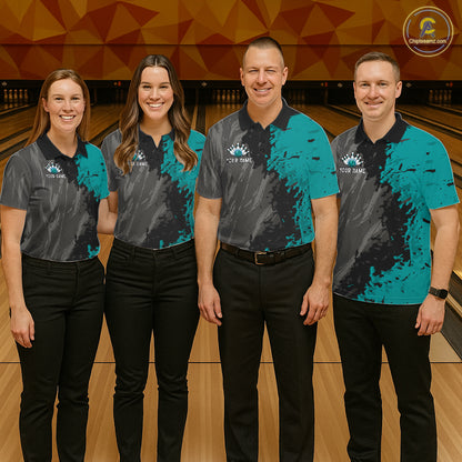 Men women bowling team wearing Black Grey Teal Grunge patriotic bowling uniforms, professional bowling team jerseys