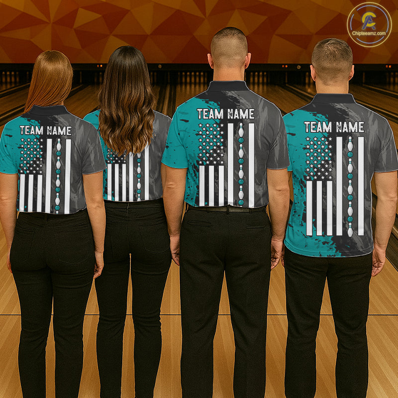 Men women bowling team wearing Black Grey Teal Grunge patriotic bowling uniforms, professional bowling team jerseys
