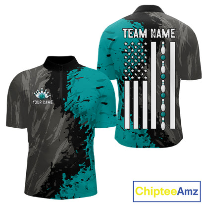 Black Grey Teal Grunge US Flag men's quarter zip bowling shirt personalized patriotic bowling apparel