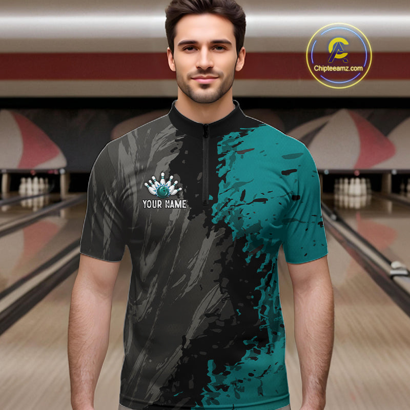 Male bowler wearing Black Grey Teal Grunge US Flag bowling jersey during league and championship bowling competition