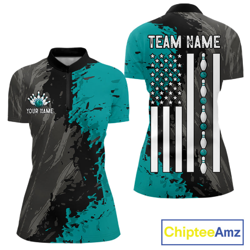 Black Grey Teal Grunge US Flag women's quarter zip bowling shirt custom patriotic bowling apparel