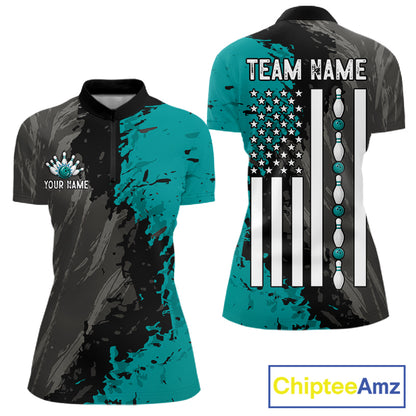 Black Grey Teal Grunge US Flag women's quarter zip bowling shirt custom patriotic bowling apparel