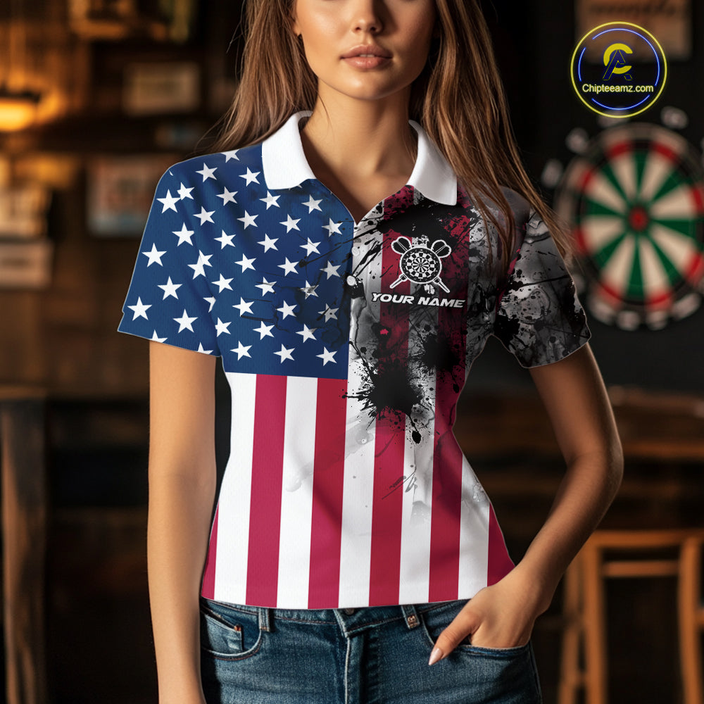 Personalized American Flag Black Splatter Dart Polo Shirts For Women Custom Dart Team Jerseys NYN2711