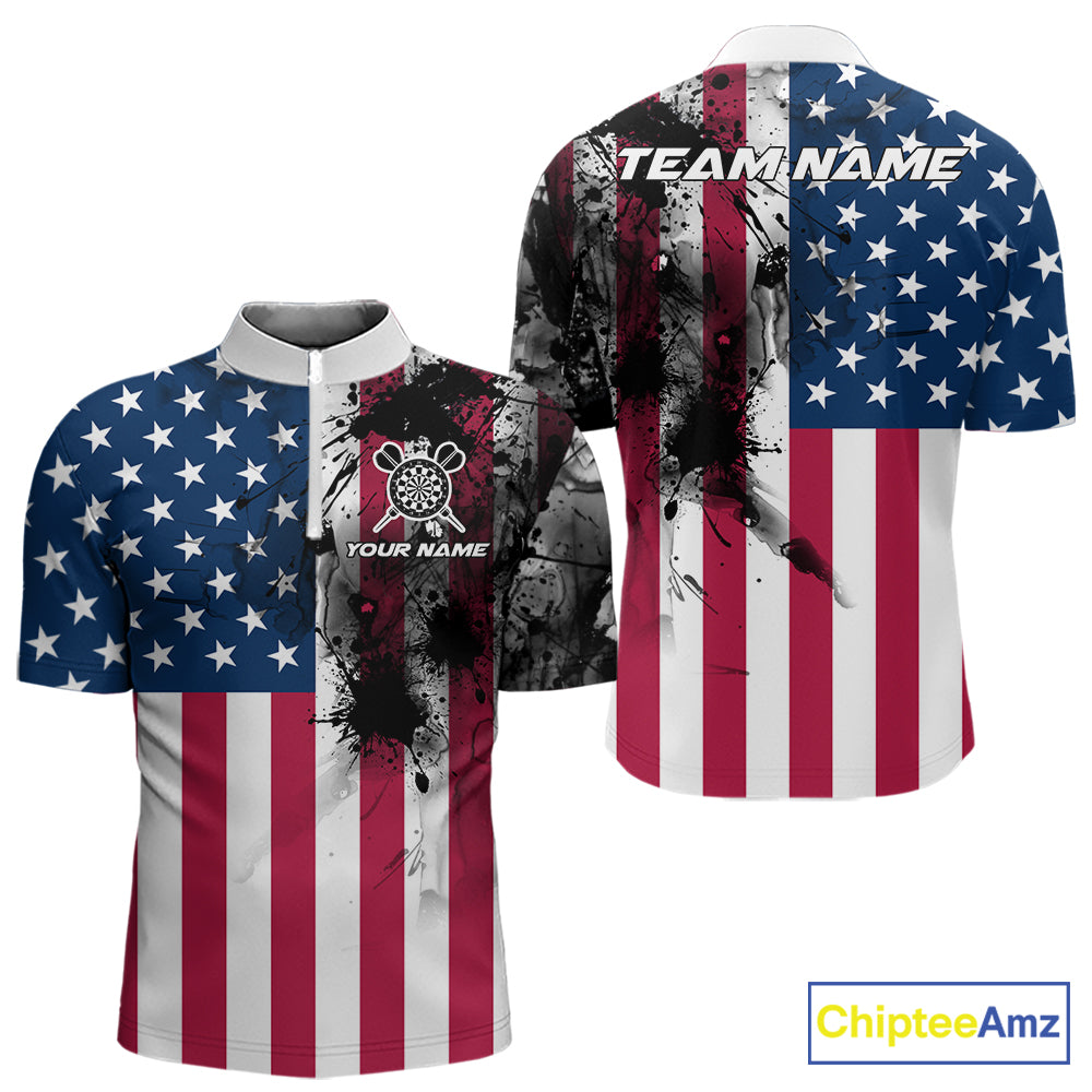 Personalized American Flag Black Splatter Dart 1/4-Zip Shirts For Men Custom Dart Team Jerseys NYN2711