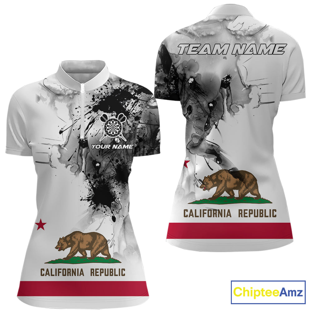 Personalized California Flag Black Splatter Dart 1/4-Zip Shirts For Women Custom Dart Team Jerseys NYN2714