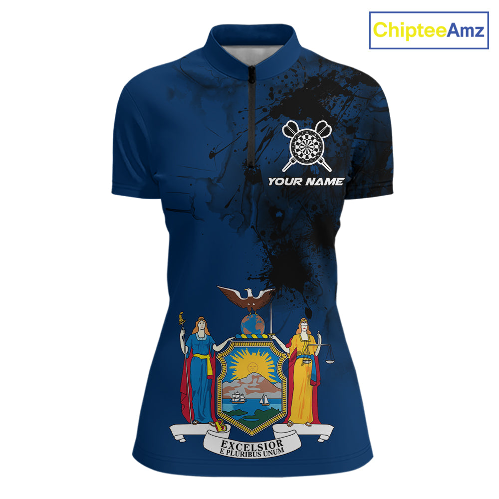 Personalized New York Flag Black Splatter Dart 1/4-Zip Shirts For Women Custom Dart Team Jerseys NYN2715