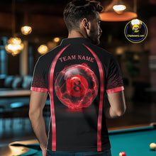 Load image into Gallery viewer, Male billiards player wearing Black Red Thunder Lightning 8 ball pool jersey during competitive tournament play