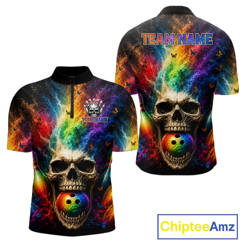Man wearing Smoke Skull Butterfly Quarter-Zip Bowling Jersey featuring gothic artwork, quick-dry performance clothing, custom bowling team graphics, tattoo-inspired sportswear.