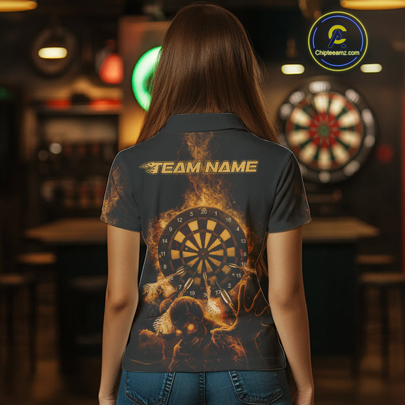 Custom Skeleton Yellow Flames Dartboard Dart Women Polo Jerseys Lightning Dart Team Shirt NYN1694