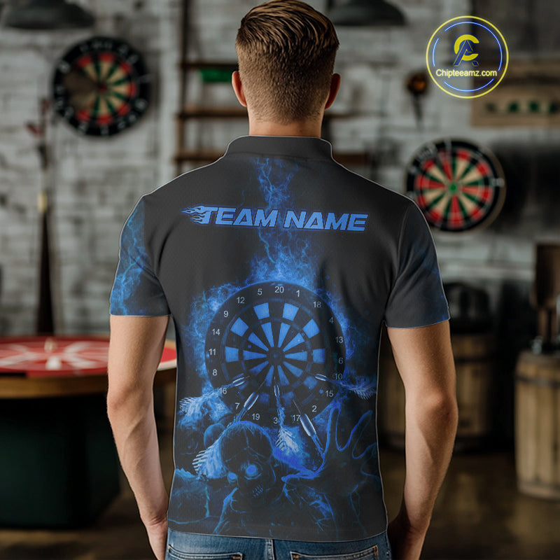 Custom Skeleton Blue Flames Dartboard Dart Men Polo Jerseys Lightning Dart Team Shirt NYN1696