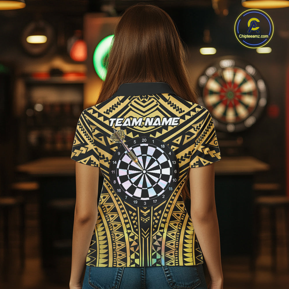 Gold Tribal Holographic Dartboard & Arrow Women Darts Polo Shirt Personalized Dart Team Jerseys NYN2515