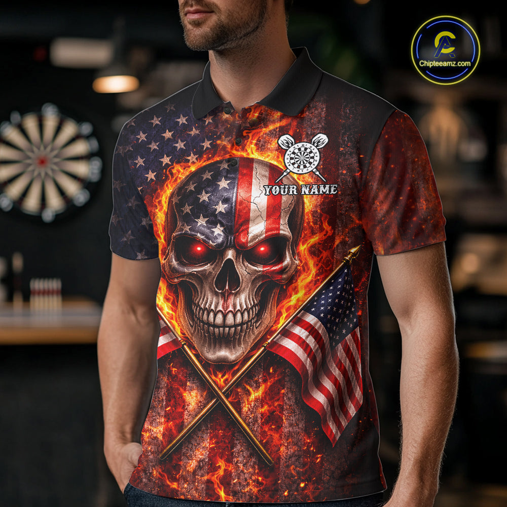 Personalized Mens Dart Polo & Quarter Zip Shirt Fire Flame US Flag Darts Jersey Skull Dart Attire NYN2866
