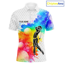 Load image into Gallery viewer, Mens White Pattern Golf Polo Shirt Custom Name Colorful Watercolor Golf Clothes, Golf Gifts NYN2873