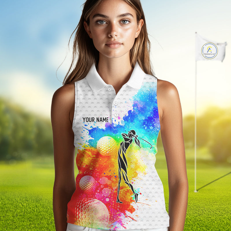 Women White Pattern Golf Sleeveless Polo Shirt Custom Name Colorful Watercolor Golf Clothes, Golf Gifts NYN2873