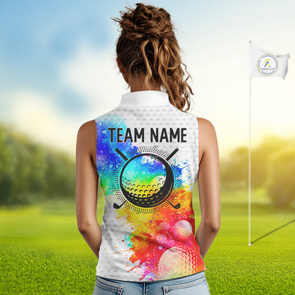 Women White Pattern Golf Sleeveless Polo Shirt Custom Name Colorful Watercolor Golf Clothes, Golf Gifts NYN2873