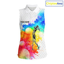 Load image into Gallery viewer, Women White Pattern Golf Sleeveless Polo Shirt Custom Name Colorful Watercolor Golf Clothes, Golf Gifts NYN2873