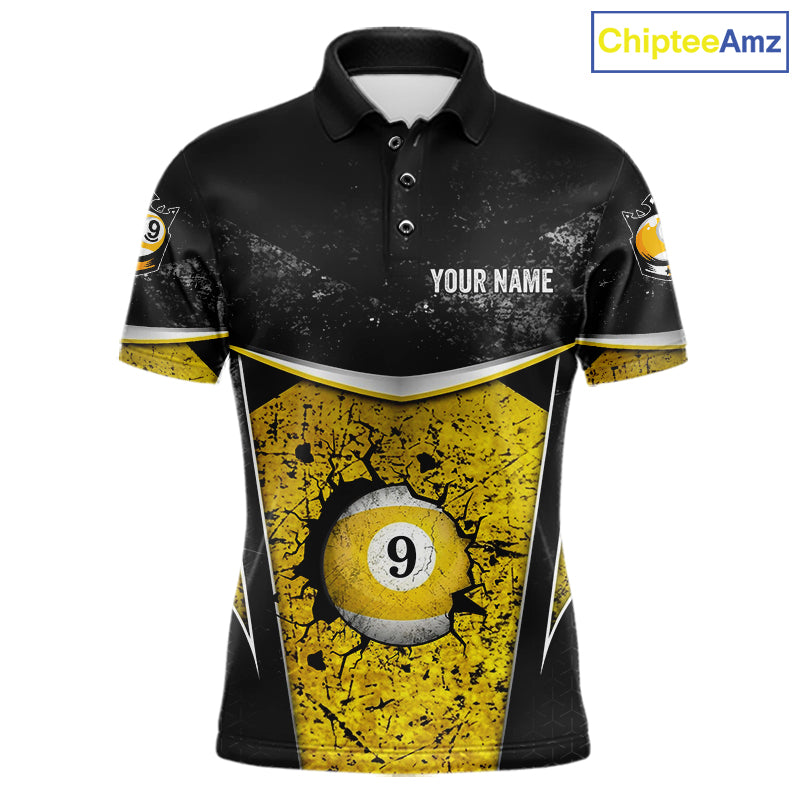 Black And Yellow Grunge Cracked 9 Ball Billiard Pool Shirt For Men Custom 9 Ball Billiard Team Jersey NYN3086