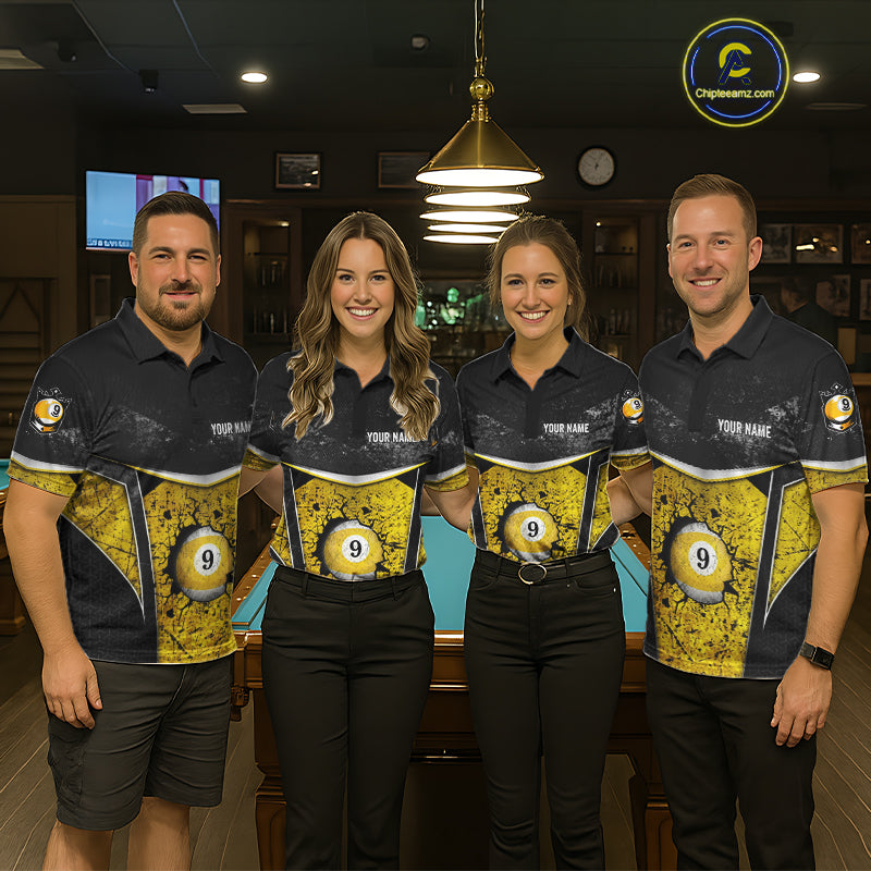Black And Yellow Grunge Cracked 9 Ball Billiard Pool Shirt For Men Custom 9 Ball Billiard Team Jersey NYN3086