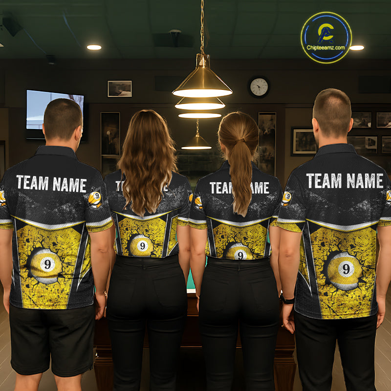 Black And Yellow Grunge Cracked 9 Ball Billiard Pool Shirt For Men Custom 9 Ball Billiard Team Jersey NYN3086