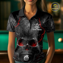 Load image into Gallery viewer, Female billiards player wearing Flaming Skull 8 Ball pool jersey during league and BCA tournament competition