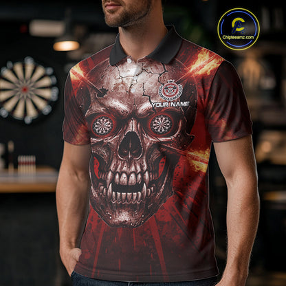 Custom Red Flames Dart Arrow Cracked Skull Men Darts Polo Shirt Grunge Dart Gifts NYN1989