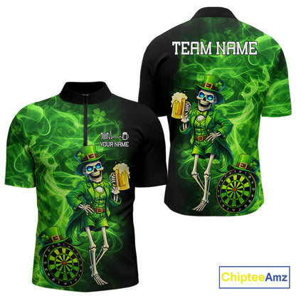 Funny Skeleton St Patrick's Day Men Darts Quarter-Zip Shirt Custom Flame Shamrock Darts Team Jersey NYN2529