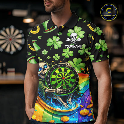 Rainbow Funny Skeleton Green Dartboard Men Darts Polo Shirt Custom St Patrick's Day Darts Jersey NYN2533