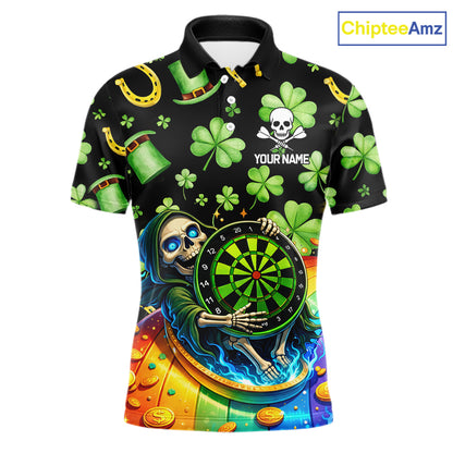 Rainbow Funny Skeleton Green Dartboard Men Darts Polo Shirt Custom St Patrick's Day Darts Jersey NYN2533