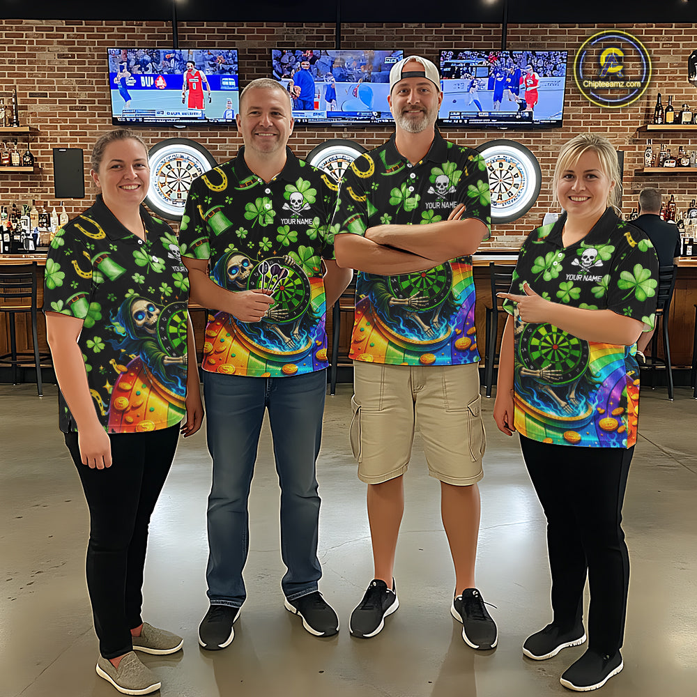 Rainbow Funny Skeleton Green Dartboard Men Darts Polo Shirt Custom St Patrick's Day Darts Jersey NYN2533