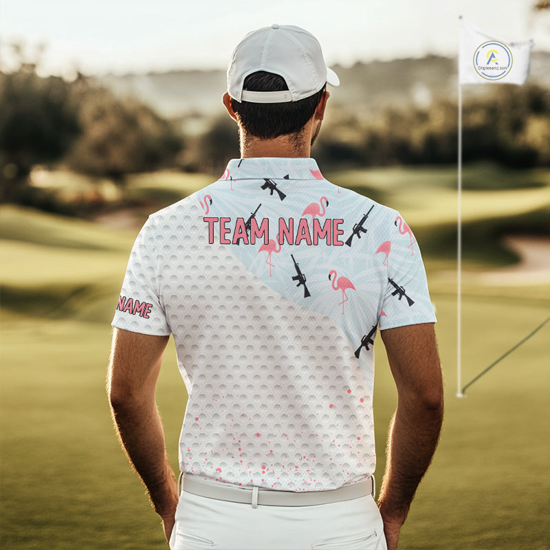 Funny Rifle & Flamingo Polo Shirt Mens Golf Polo Shirts Custom White Ball Pattern Golf Clothes NYN2877