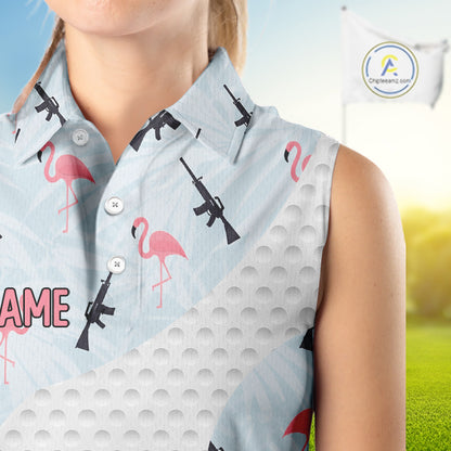 Funny Rifle & Flamingo Sleeveless Polo Shirt Womens Golf Polo Shirts Custom White Ball Golf Clothes NYN2877