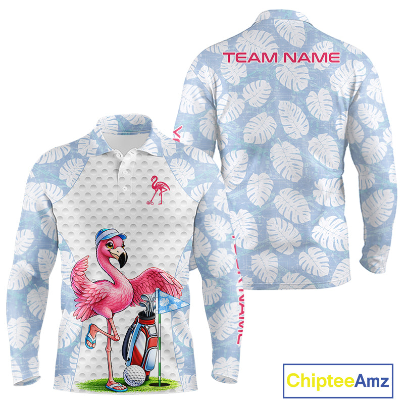 Custom Blue Tropical Monstera Funny Flamingo Matching Men Golf Polo Shirts Team Golf Clothes  NYN2881