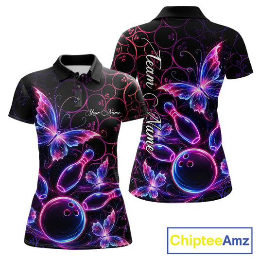 Neon Blue And Pink Butterfly Bowling Polo & 1/4-Zip Shirt For Women Custom Colorful Bowling Team Jersey NYN3266